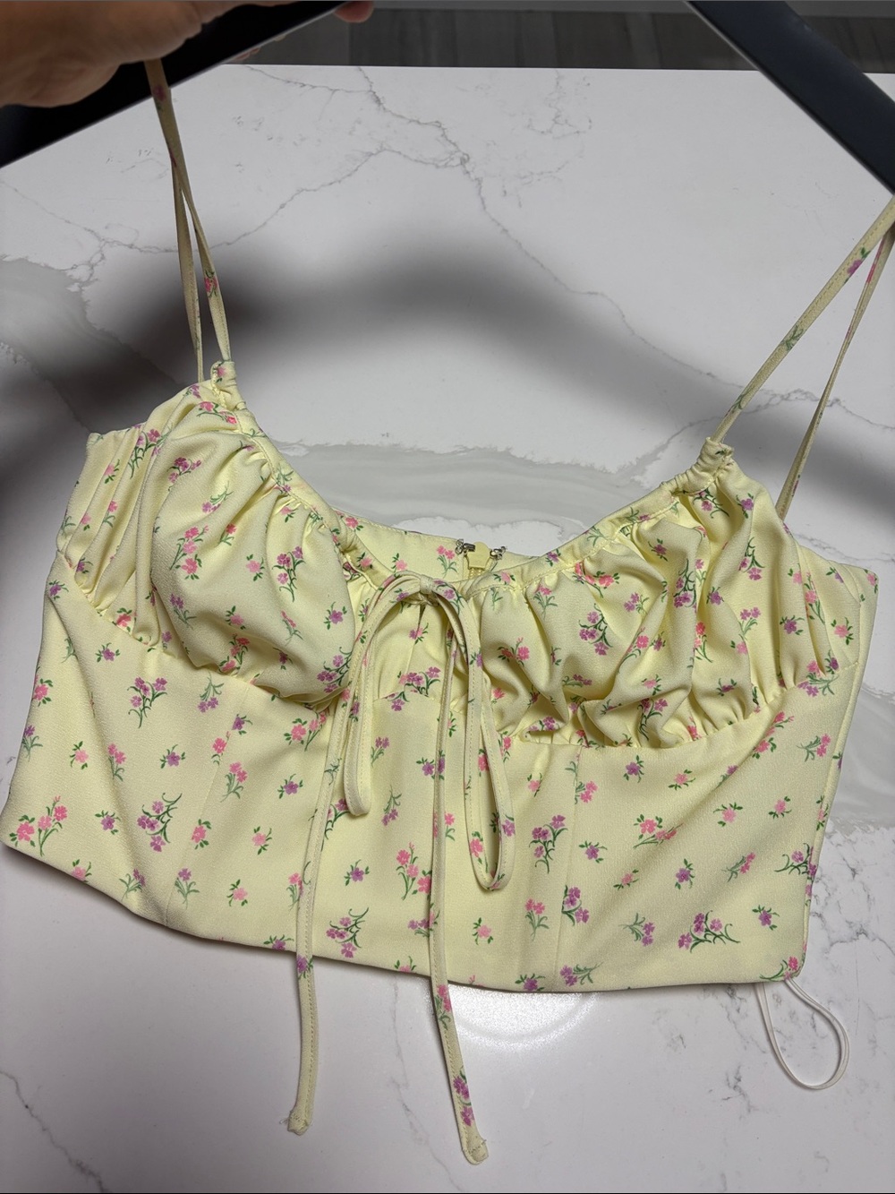 House of CB Pale Yellow Floral Ruched Tie-Front Crop Top
